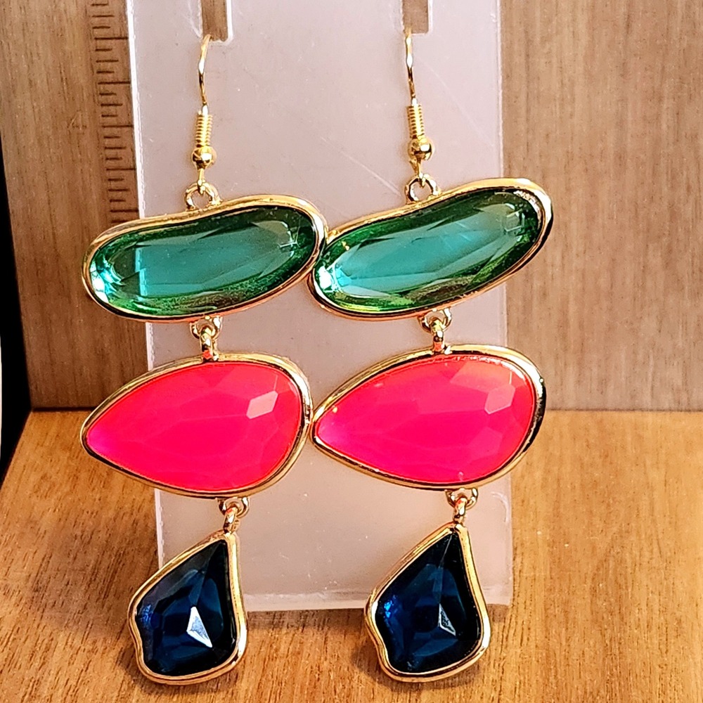 Multi Color Stone Drop Earrings Gold Tone Pink Green Navy Geometric 3.25"